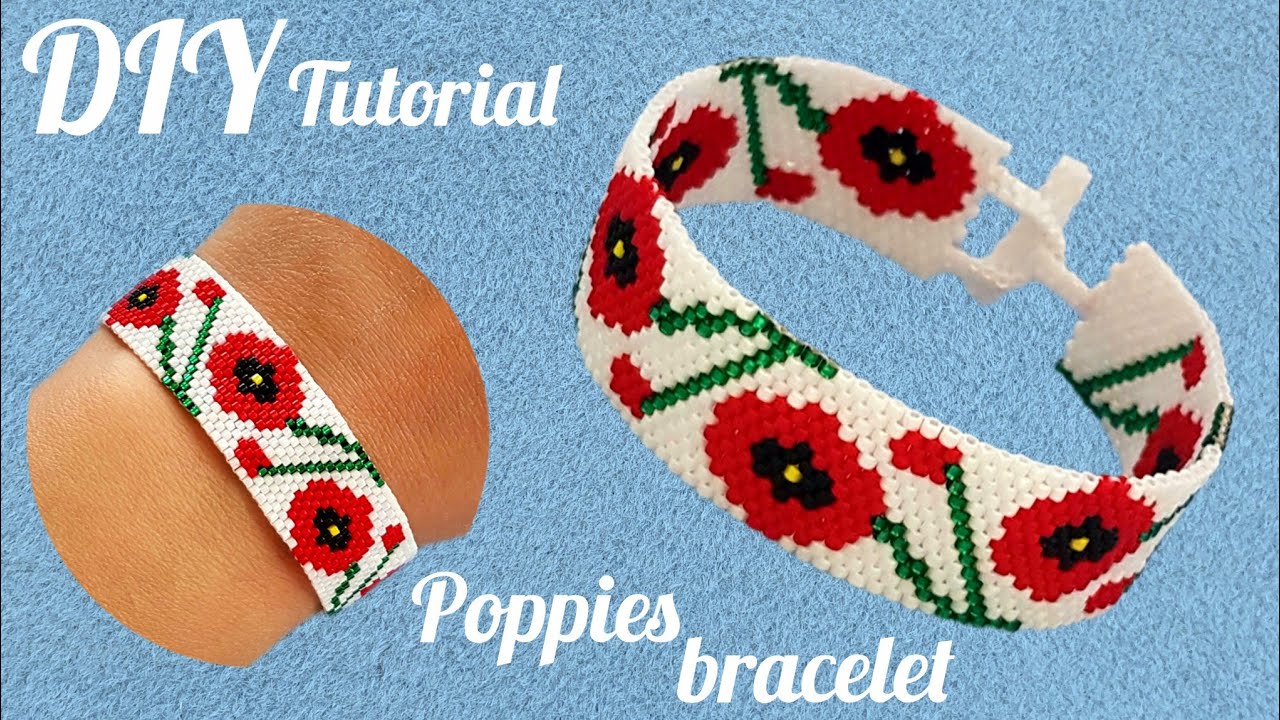 Poppies bracelet/Summer flowers bracelet/Even count peyote/Simple and elegant jewelry/DIY Tutorial