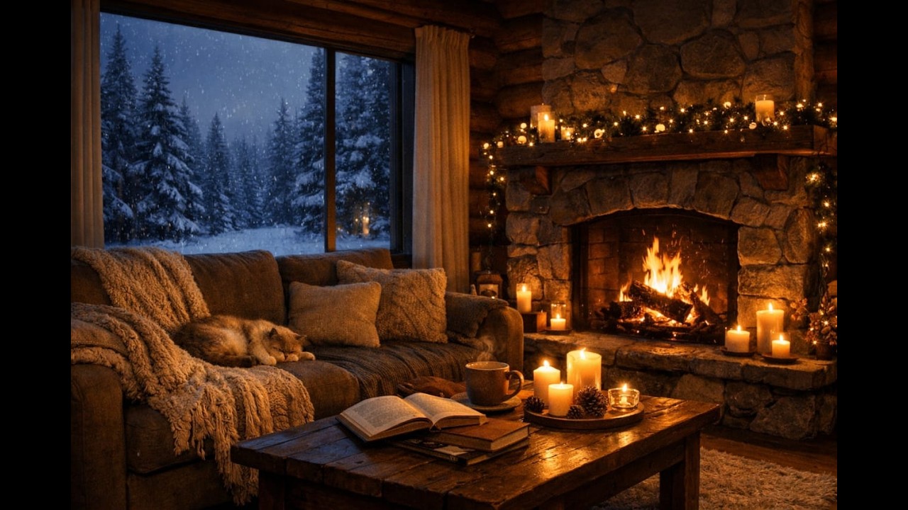 Midnight Coffee Shop During a Snowstorm ☕🌙 Fireplace & Calm Jazz for Sleep, Study & Insomnia