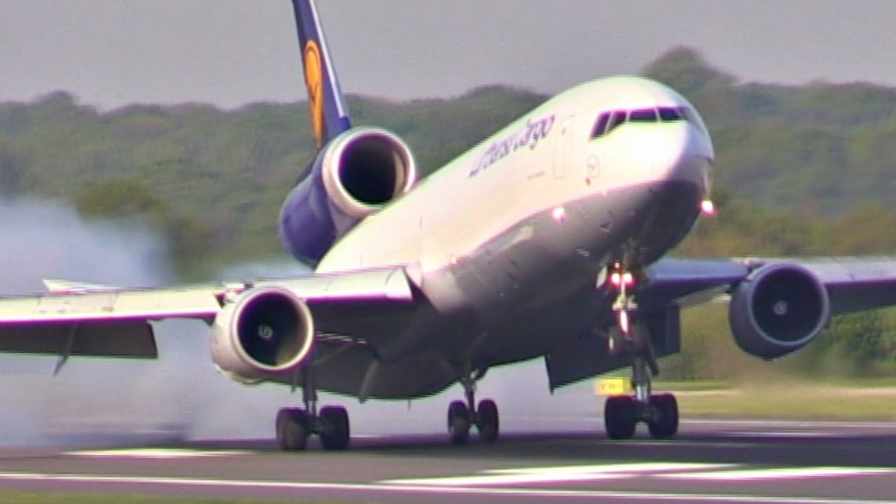 Lufthansa Cargo MD11 HARD Landing at Manchester - MAN Airport Plane Spotting