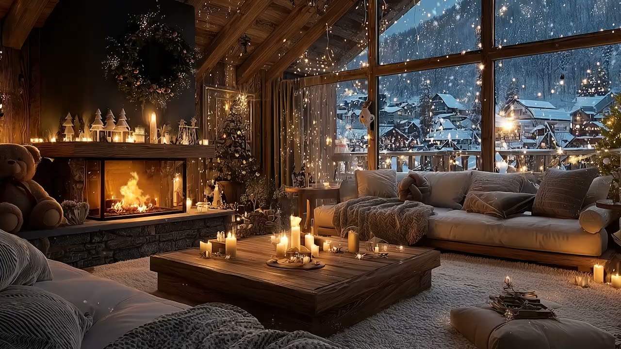 Soothing Winter Piano  Snowfall & Fireplace Ambience for Relaxing Night