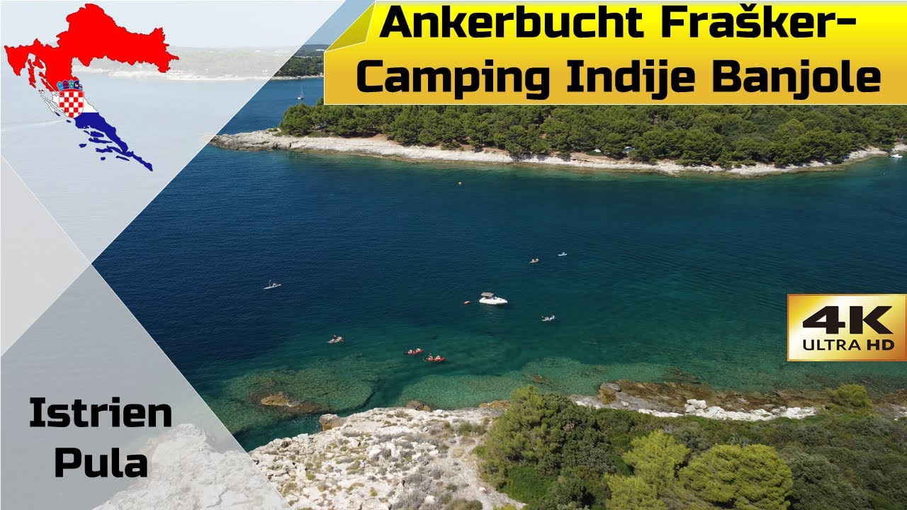 Drohnenflug über die Frašker Bucht und dem Strand vom Camping Indije Banjole Kroatien Istrien