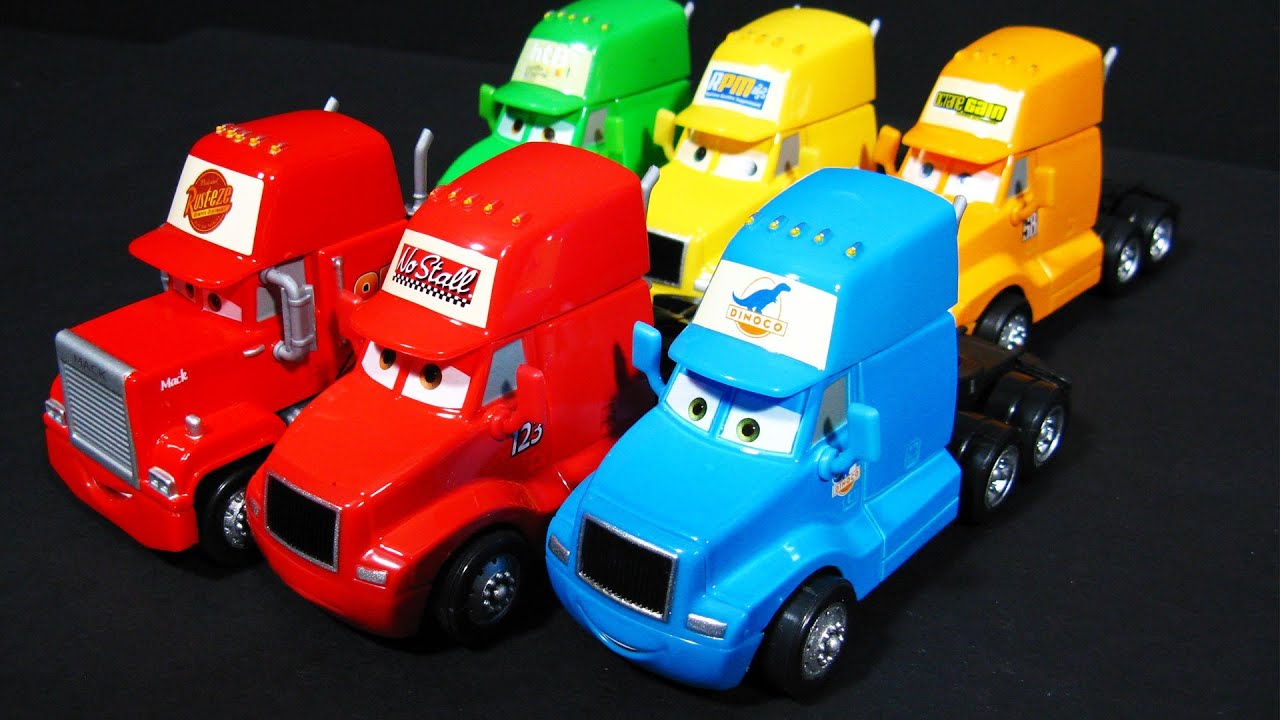 6 Disney Cars Trucks with Mack, Gray, Octaine Gain, Chick Hicks, No Stall and RPM Semi Camion