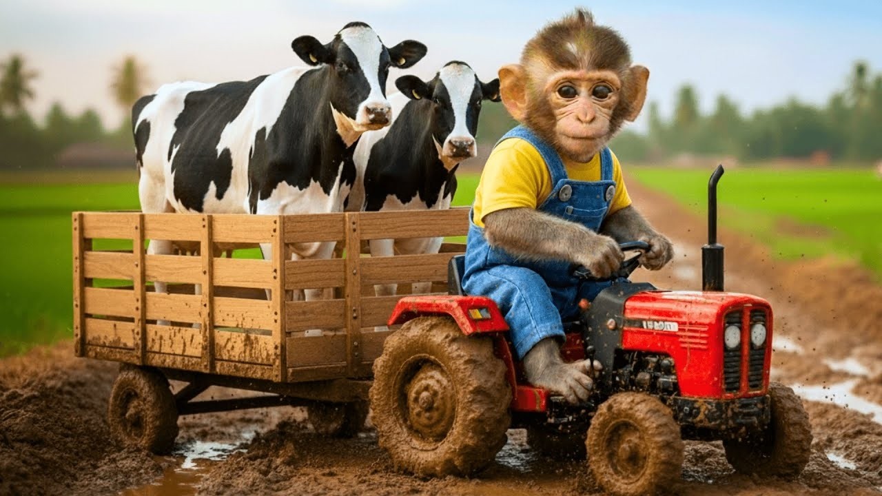 Monkey Bon Bon Drives a Tractor to Rescue the Cows From a Super Storm – Build a DIY Cowshed