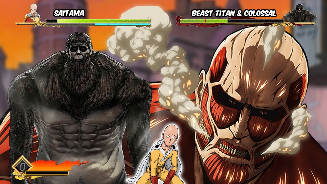 SAITAMA OVERPOWER VS BEAST TITAN, ATTACK TITAN & COLOSSAL TITAN | Anime Mugen