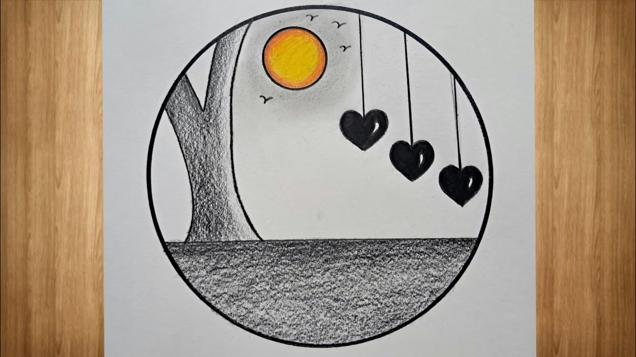 Circle Scenery drawing with Pencil sketch for beginners | Scenery drawing with heart step by step 