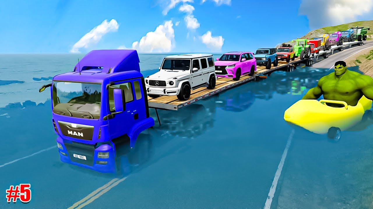 Quadruple Flatbed Trailer McQueen | Transportation with truck - Pothole vs Cars #5 | BeamNG.Drive