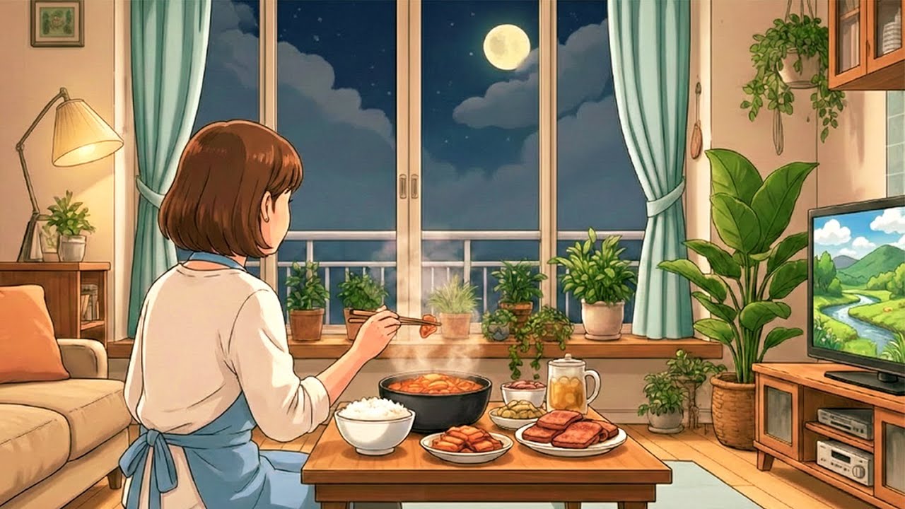 A Quiet Day in Korea 🌙 | Evening Cooking & Cozy Dinner Animation | Ghibli style vlog
