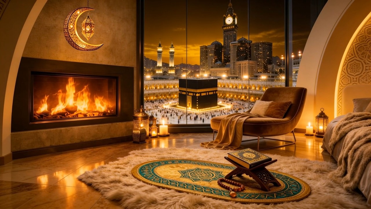 Ramadan Fireplace & Kaaba View | Luxurious Islamic Ambience رمضان كريم 🌙 Cozy Ramadan TV Background