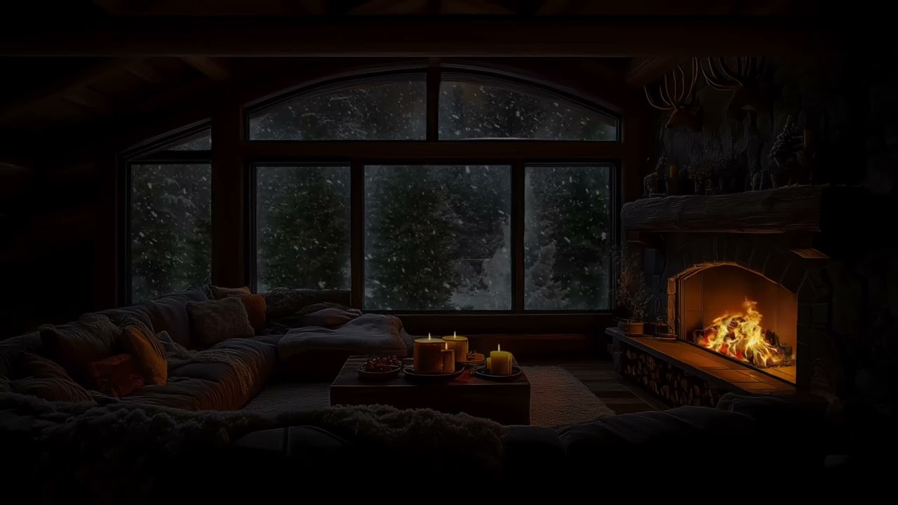 🌙❄️ Snowy Night Outside a Warm Cabin Fireplace Sounds to Fall Asleep Fast 😴 Winter Ambience No Ads