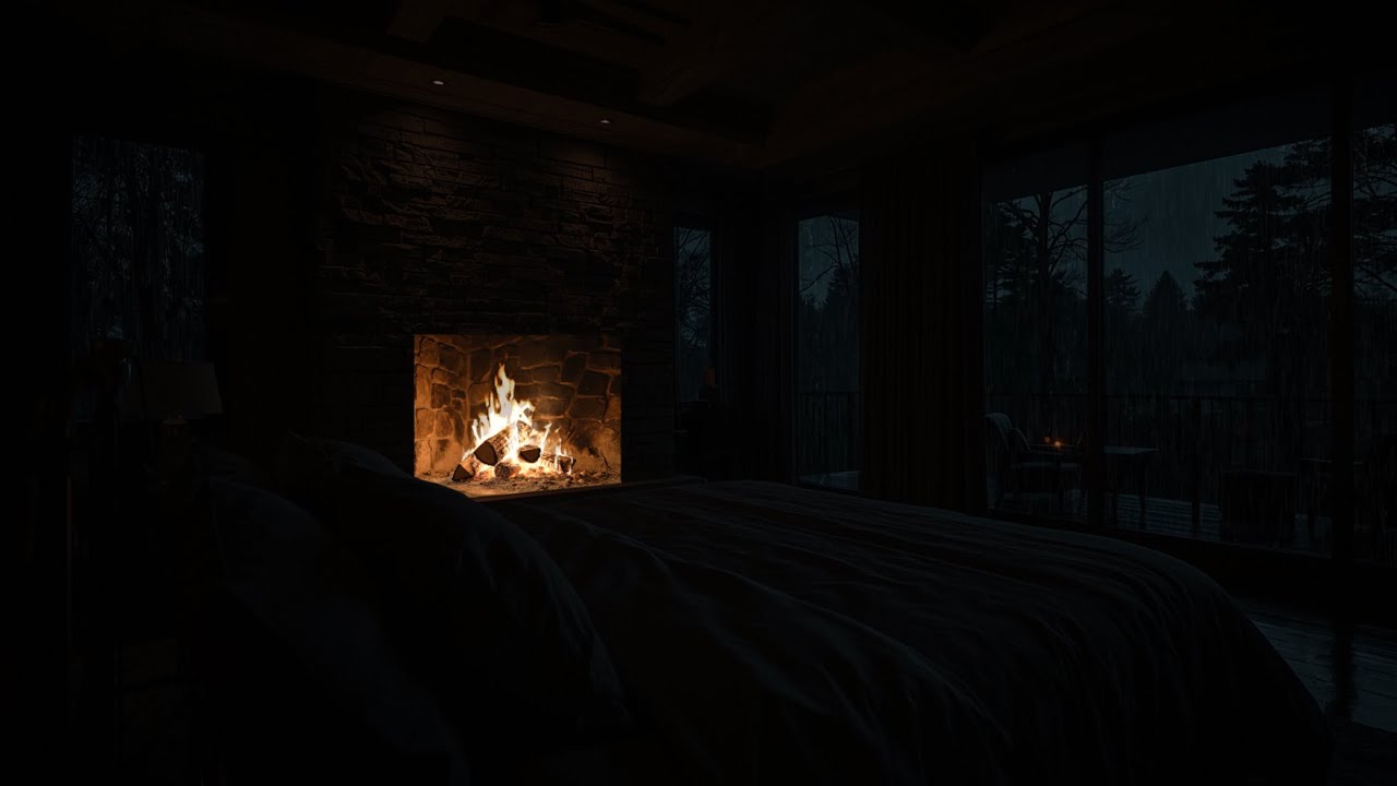 Cabin Night and Warm Fireplace | Rainy Forest Ambience for Sleep & Relaxation