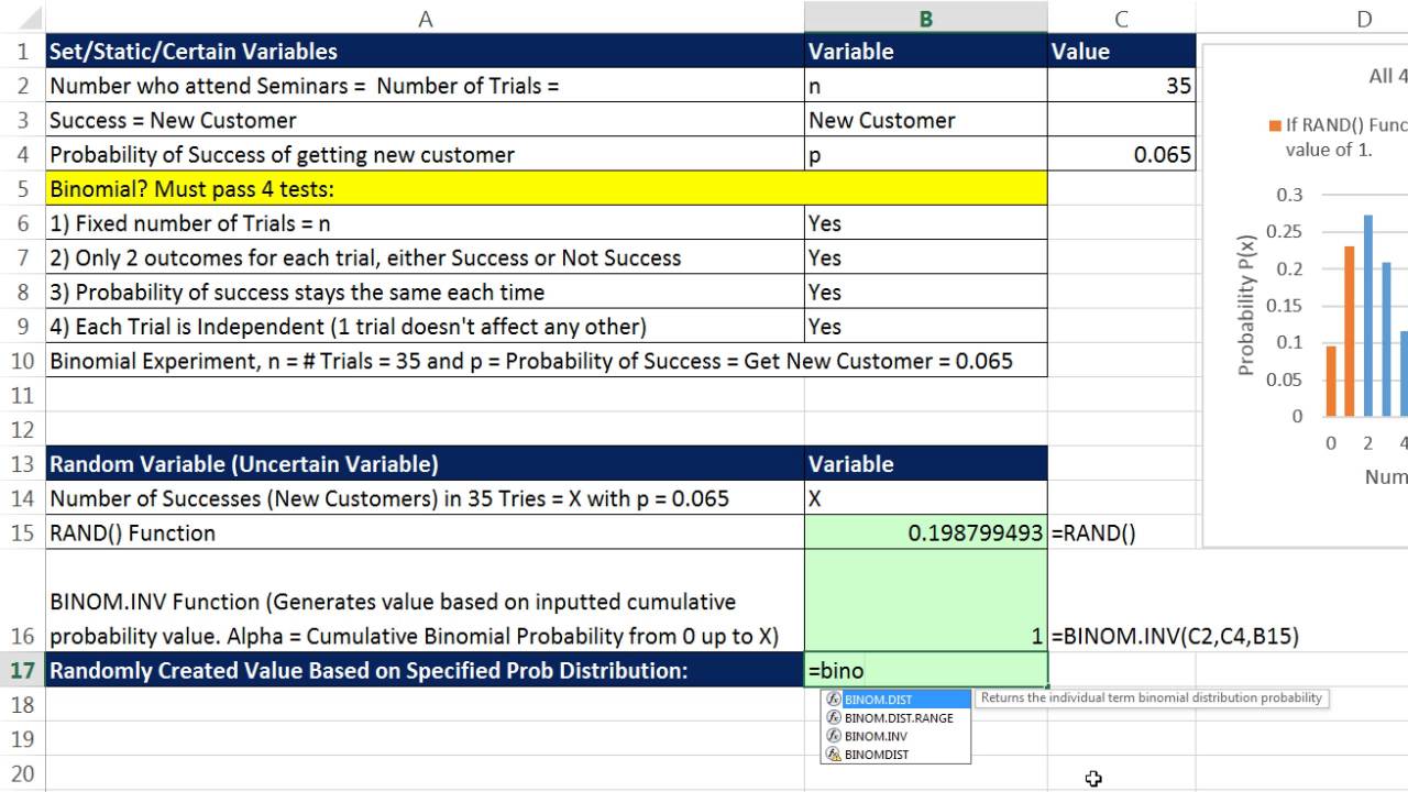 Basic Excel Business Analytics #65: Create Random Variables: Custom, Binomial, Uniform, Normal