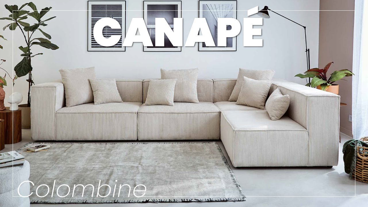 Canap&eacute; d'angle modulable 5 places en velours c&ocirc;tel&eacute; Colombine