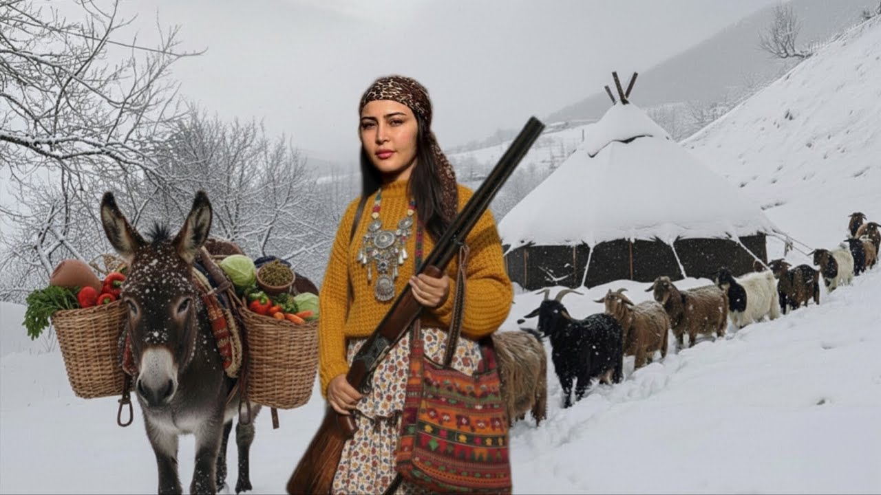 Снежный день в маленькой горной деревушке.