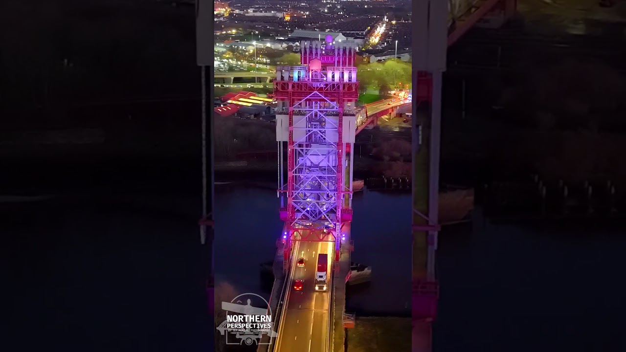 Tees Newport Bridge at Dusk – Aerial Fly Around a 1934 Vertical Lift Bridge