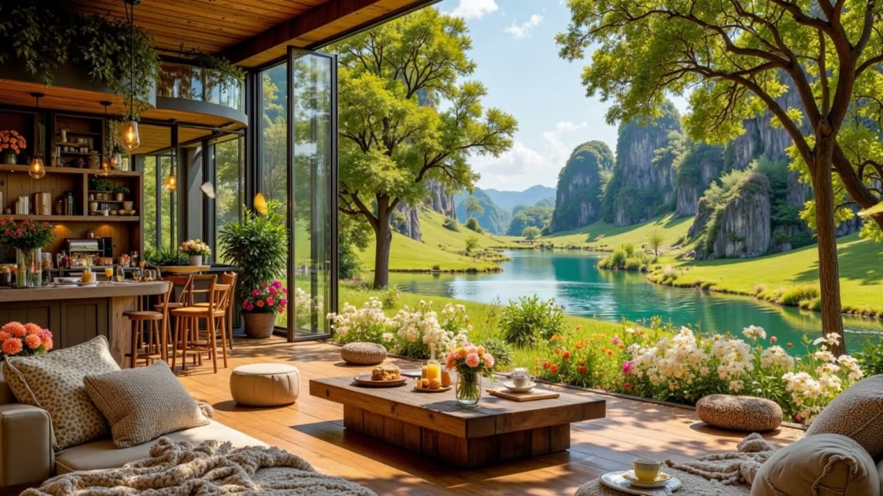 Happy Spring Morning on a Lakeside Porch 🌺 Soft Piano Jazz & Nature Sounds for Relaxation, Study
