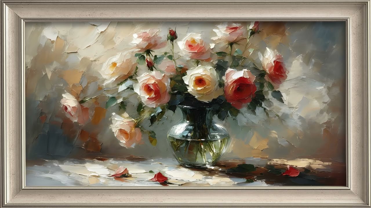 Abstract Elegant Roses Flower Textured Oil painting 4K frame TV Art screensaver TV Art Decor