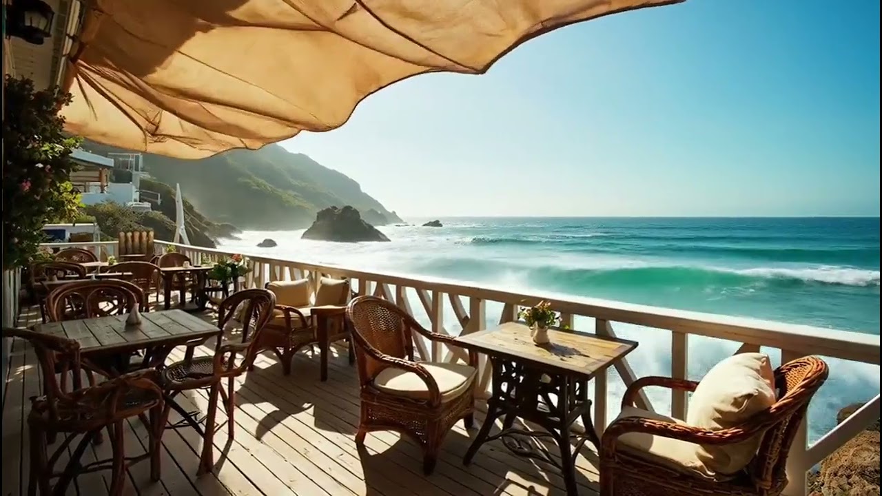 8 Hours at a Coastal Caf&eacute; Terrace | Linen Canopy & Crashing Ocean Waves