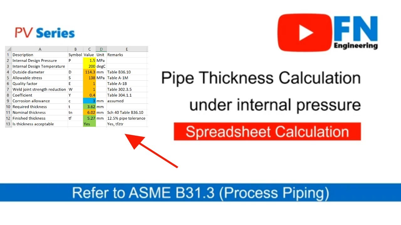 Pipe Thickness Calculation as per B31.3 | Spreadsheet Calculation