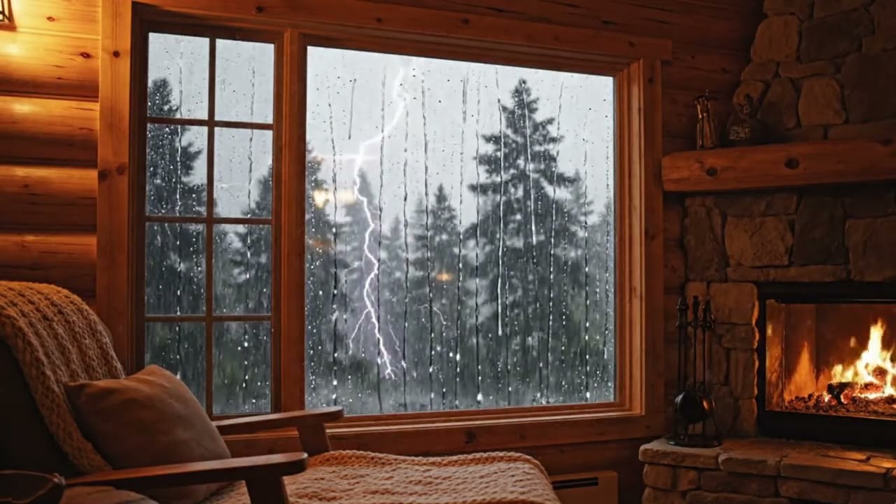 Heavy Rain Outside Cozy Wooden Cabin 🌧️ Forest Ambience for Sleeping & Study