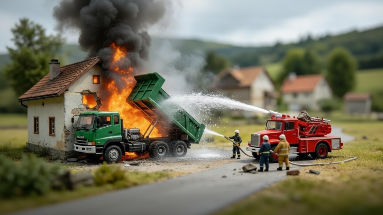 🔥 Miniature Disaster Scene – Firefighters Battle Blaze as Truck Crashes into House 🚒🏠