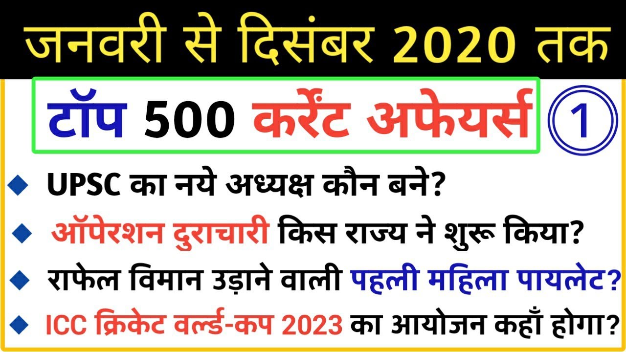 Current Affairs 2020 with details | Top 500 Current Affairs 2020 in hindi Part-1| January to October