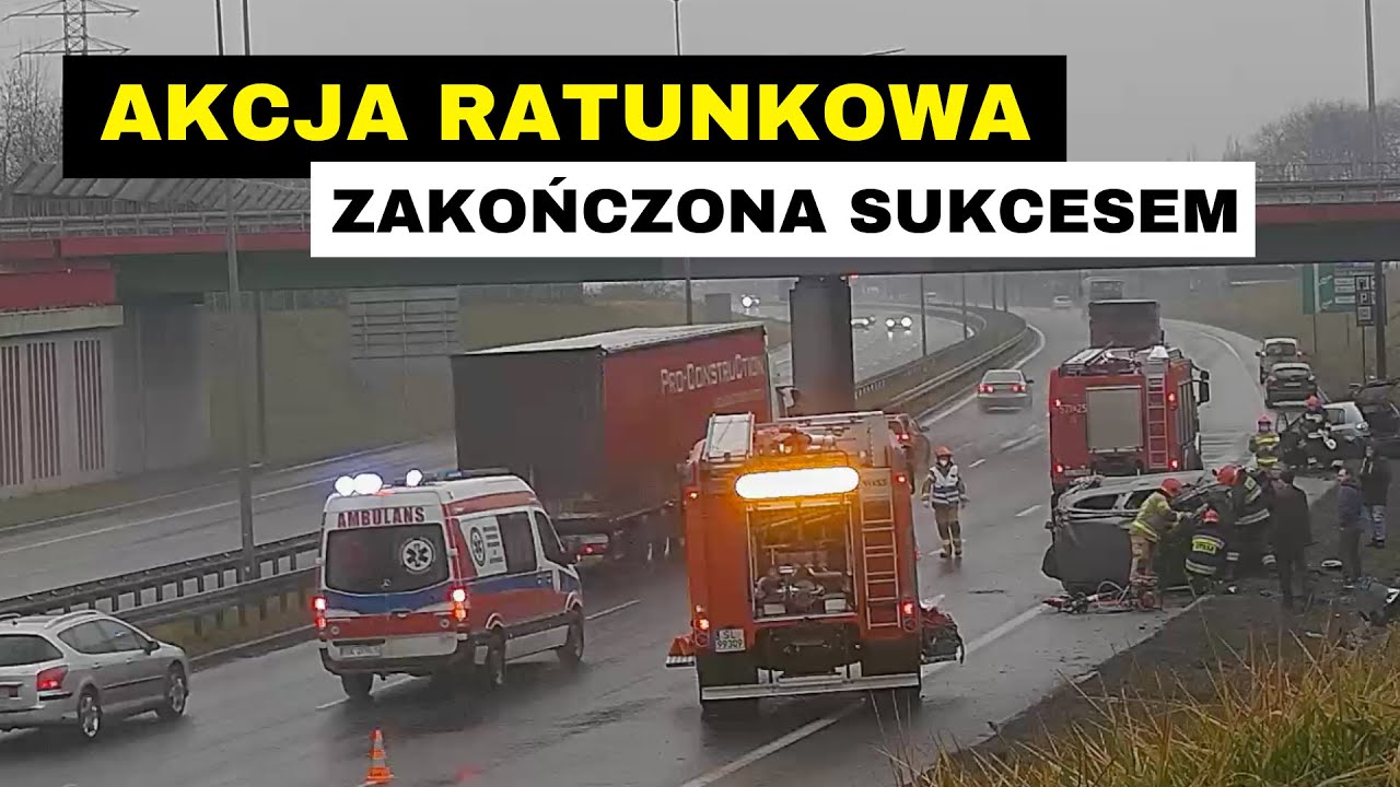 Dojazd służb i akcja ratunkowa na miejscu wypadku. Zakręt mistrzów w Rudzie Śląskiej.