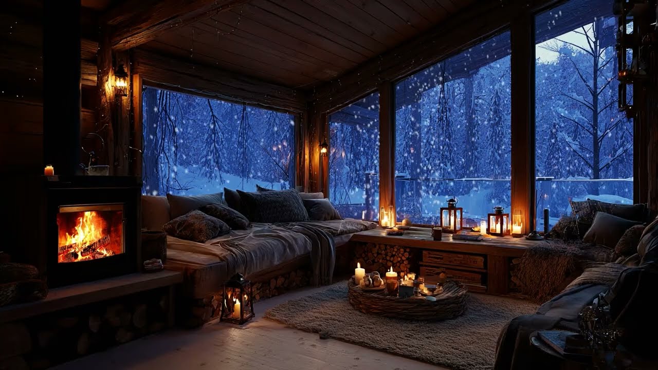 Snowy Night Outside Warm Cabin 🕯️❄️ | Fireplace Comfort for Calm Sleep and Relaxation (NO ADS)