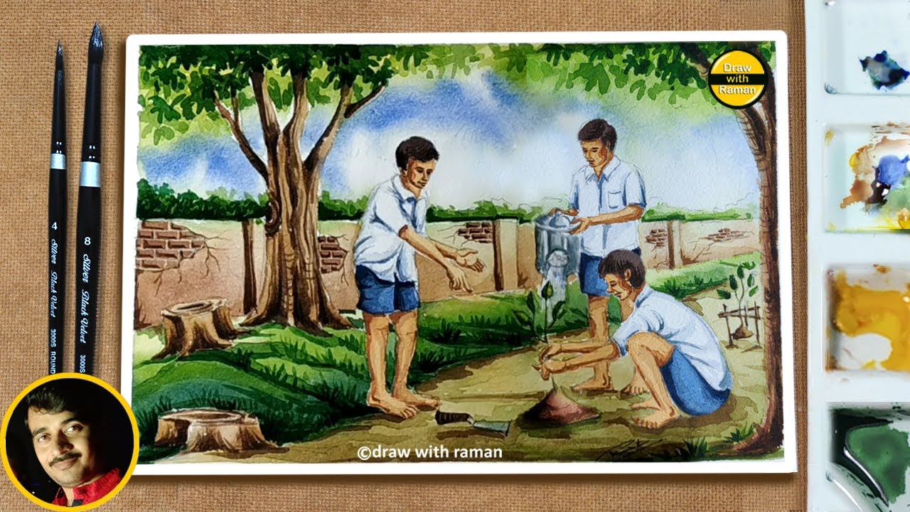 Tree Plantation Drawing | World Environment Day Drawing | Watercolor Hindi tutorial