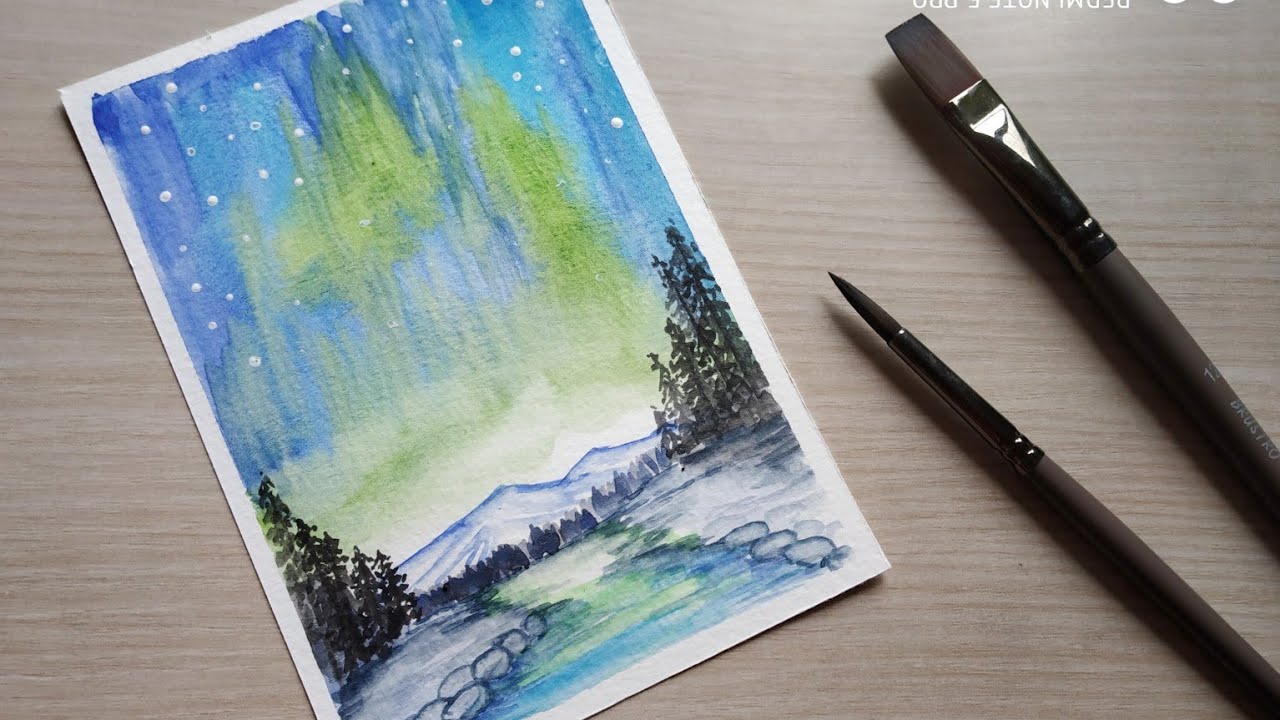 How to draw a beautiful scenery with watercolor//northern lights watercolor painting 