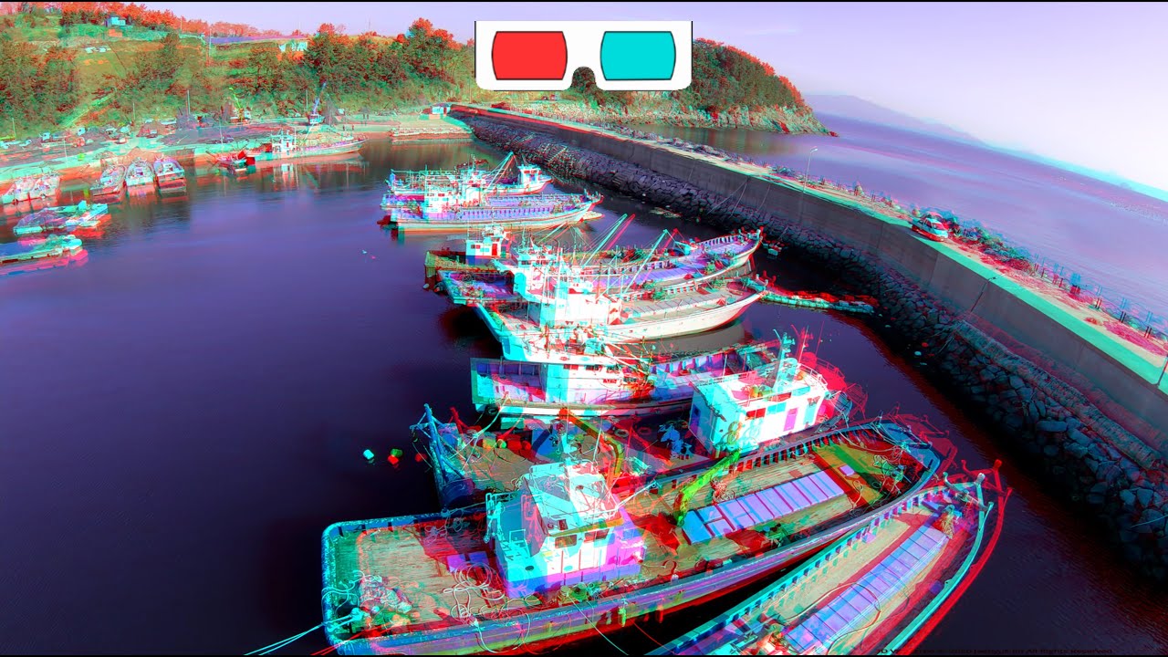 Drone 3D video, 4K, Flying over Fishery port, ANAGLYPH, RED/CYAN, YouTube 3D
