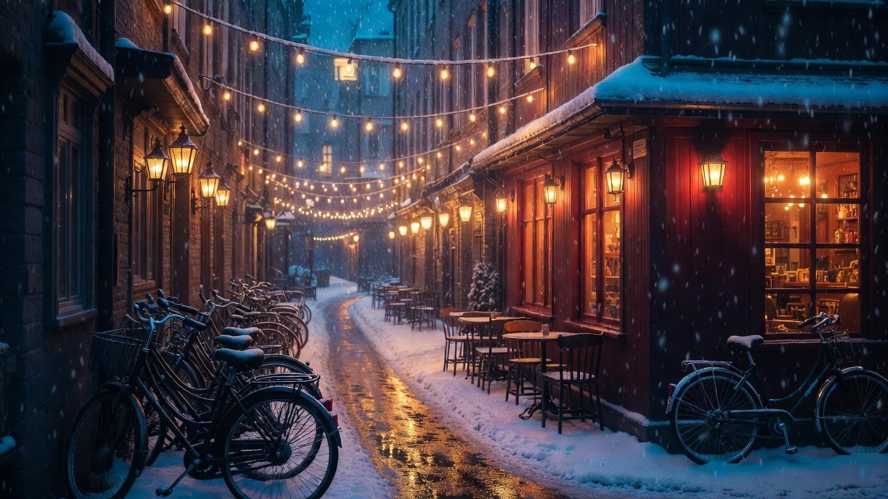 Cozy Snowy European Street ❄️ Warm Café Lights & Falling Snow | Peaceful Winter Ambience for Relax.