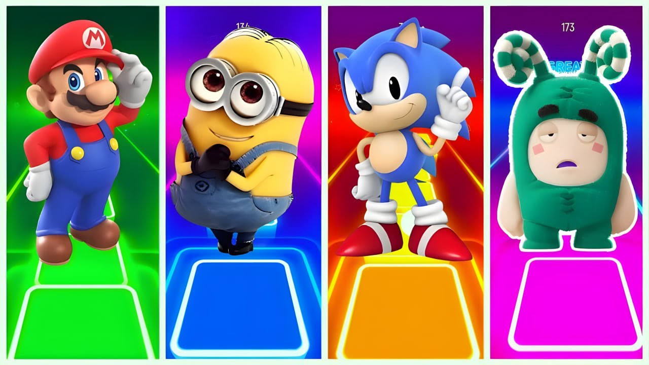 Sonic 🆚 Oddbods Zee 🆚 Bluey Bingo 🆚 Minions in Tiles Hop EDM Rush🎶