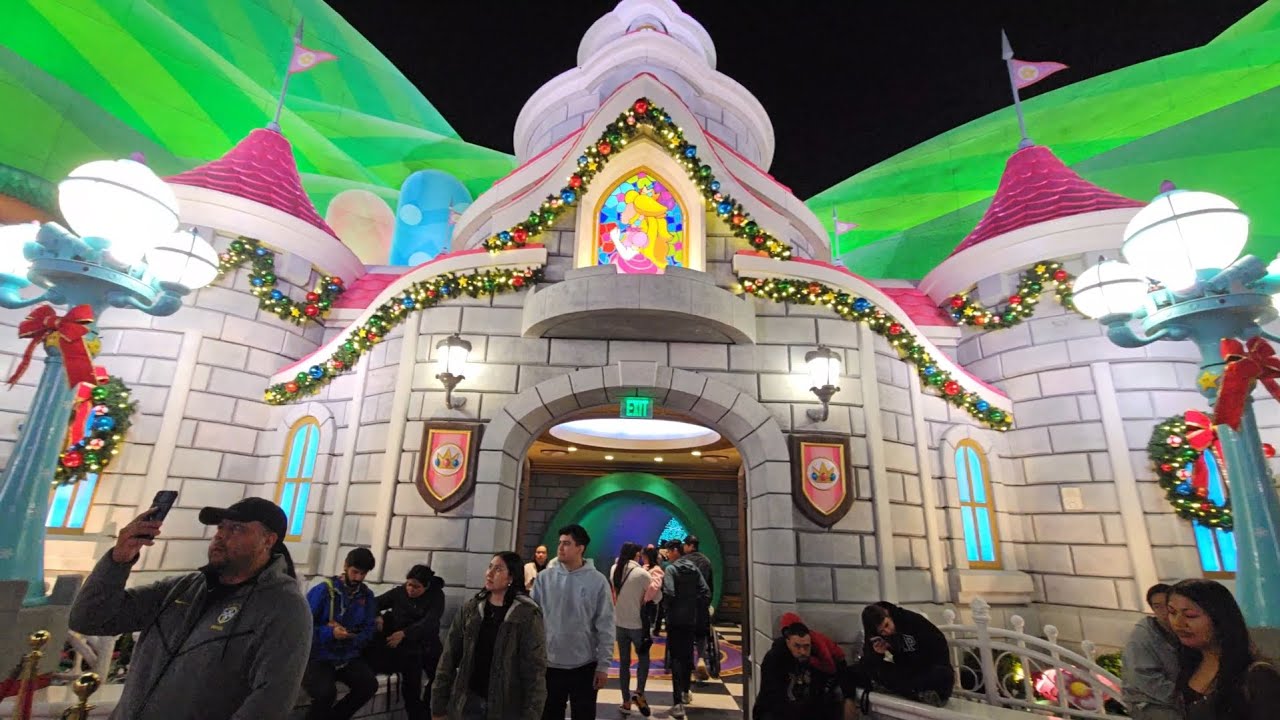 Super Nintendo World Christmas tour at night