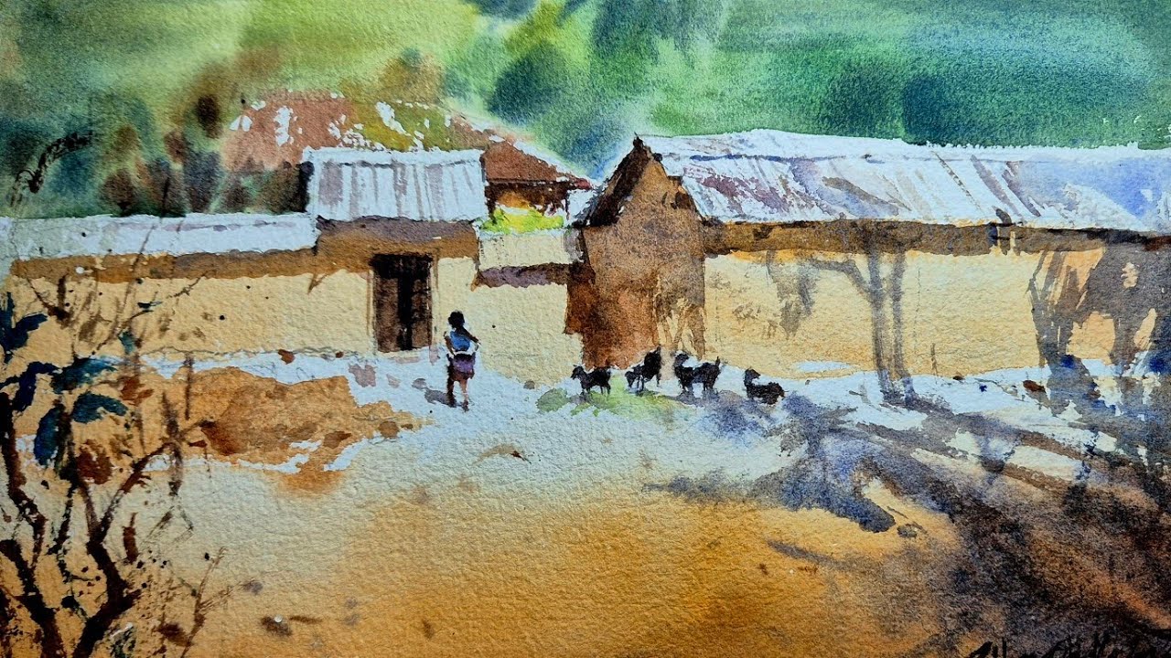 Watercolor village scenery painting | indian rural life