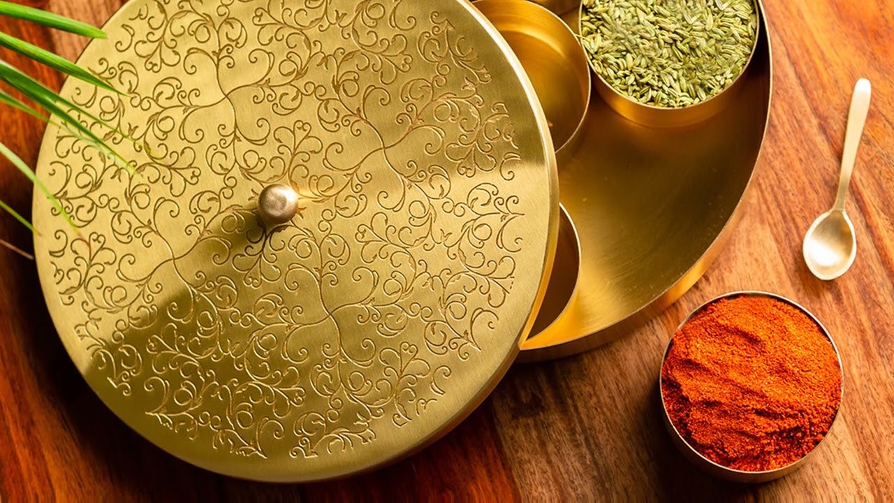Spice Box for Kitchen cooking Gold-Toned Floral-Etched Handcrafted Brass Spice Box With Spoon 
