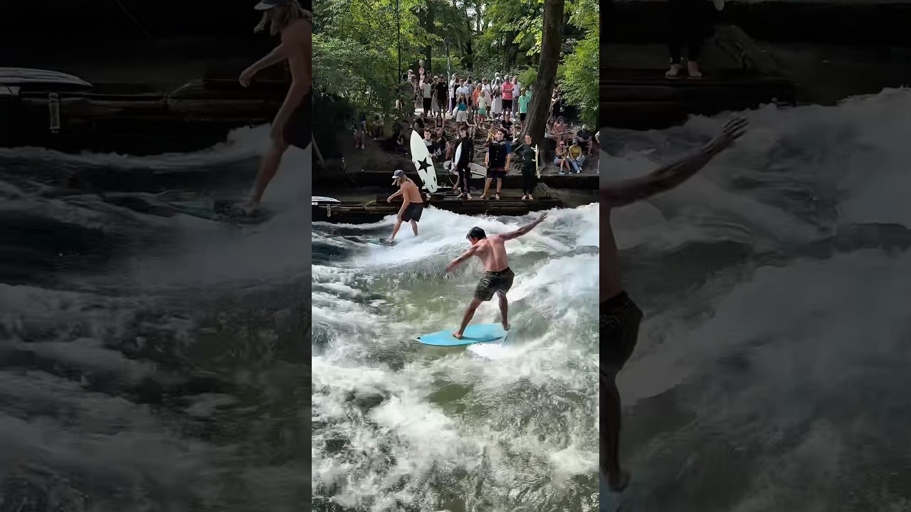 Surfing in the middle of the city! River wave of Munich