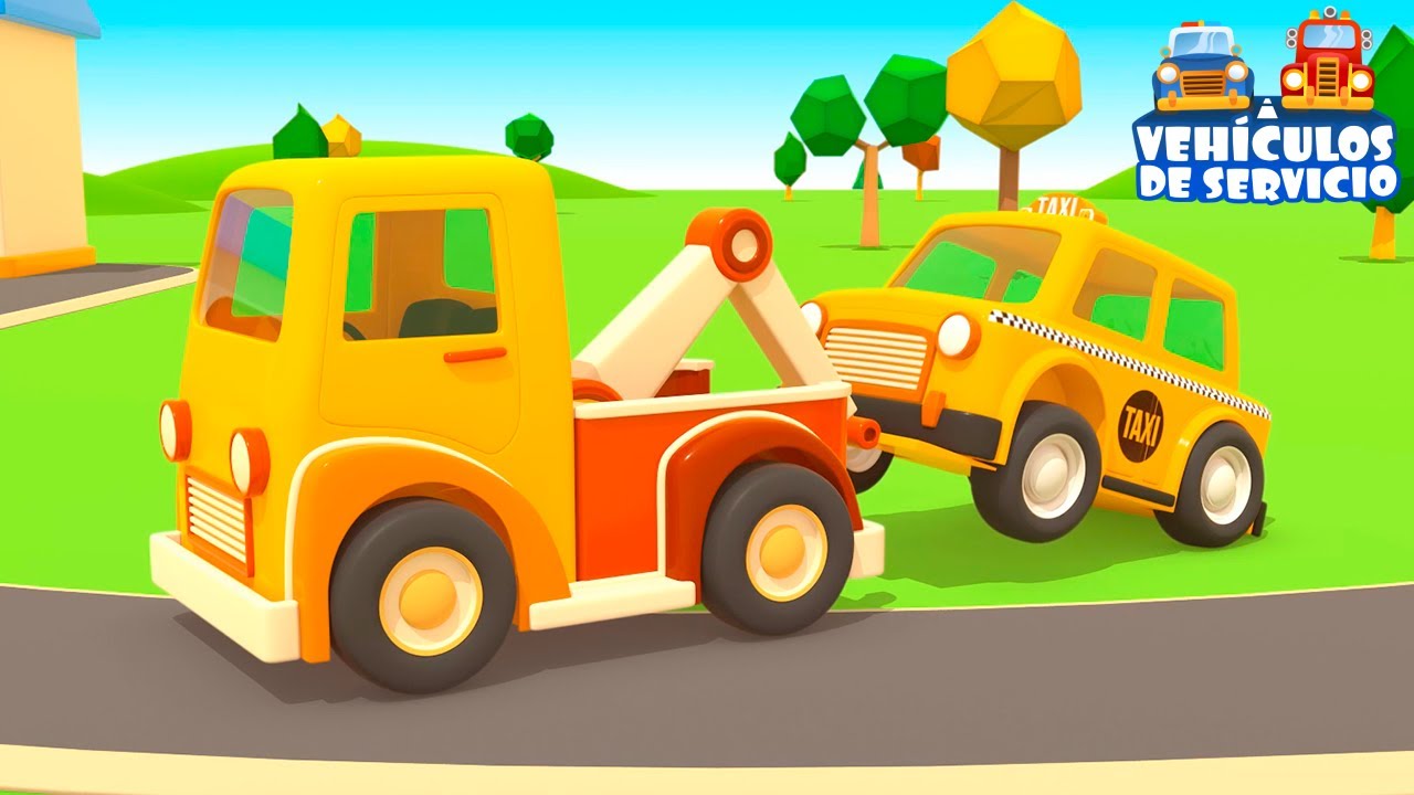 La ambulancia, el camion grúa y el taxi. Vehículos de servicio.Dibujos animados de coches para niños