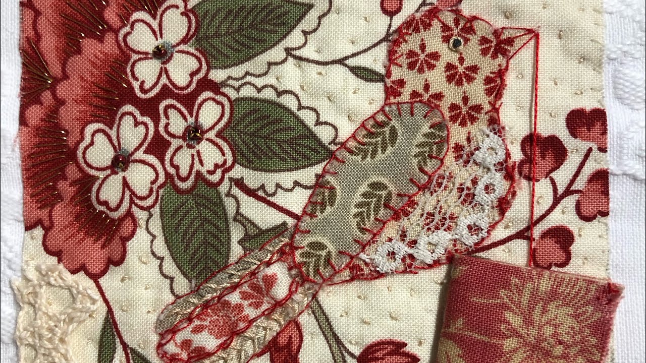 Slow stitch bird and book burgundy French general #stitcheryswap square with vintage lace