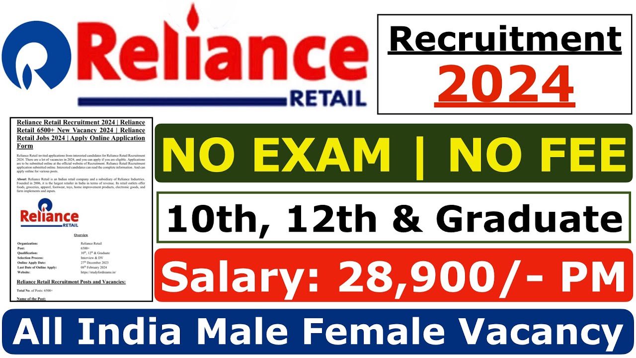 Reliance Retail Recruitment 2024 | Reliance Job Vacancy 2024 | Reliance company job 2024, भर्ती 2024