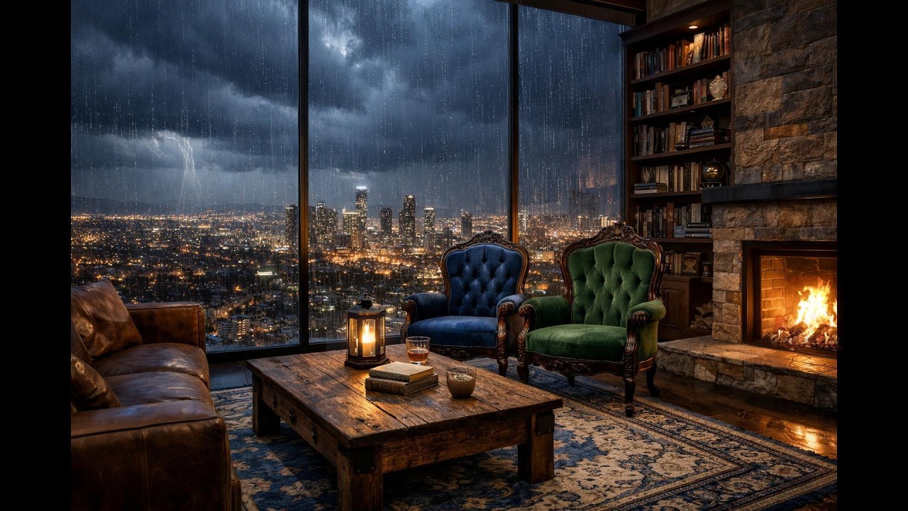 Relax in your cozy skyrise apartment overlooking the rainy city