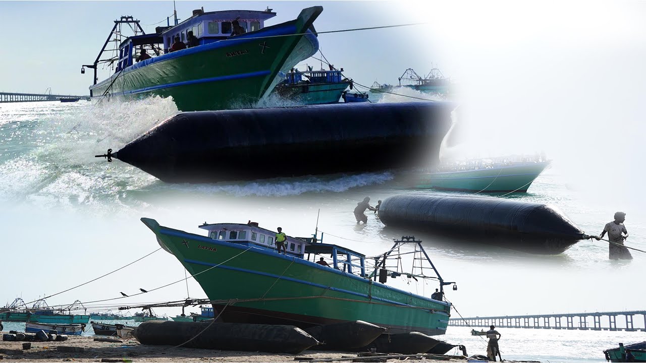 Fishing boat launch after repair using airbags in Pamban | Tamilnadu fishermen