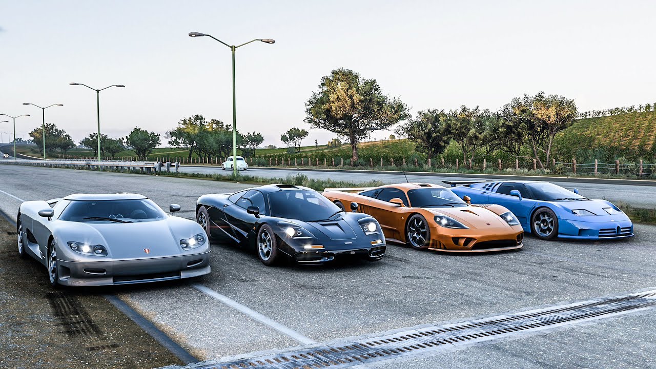 Forza Horizon 5 Drag race: Koenigsegg CC8S vs McLaren F1 vs Saleen S7 vs Bugatti EB110 Super Sport