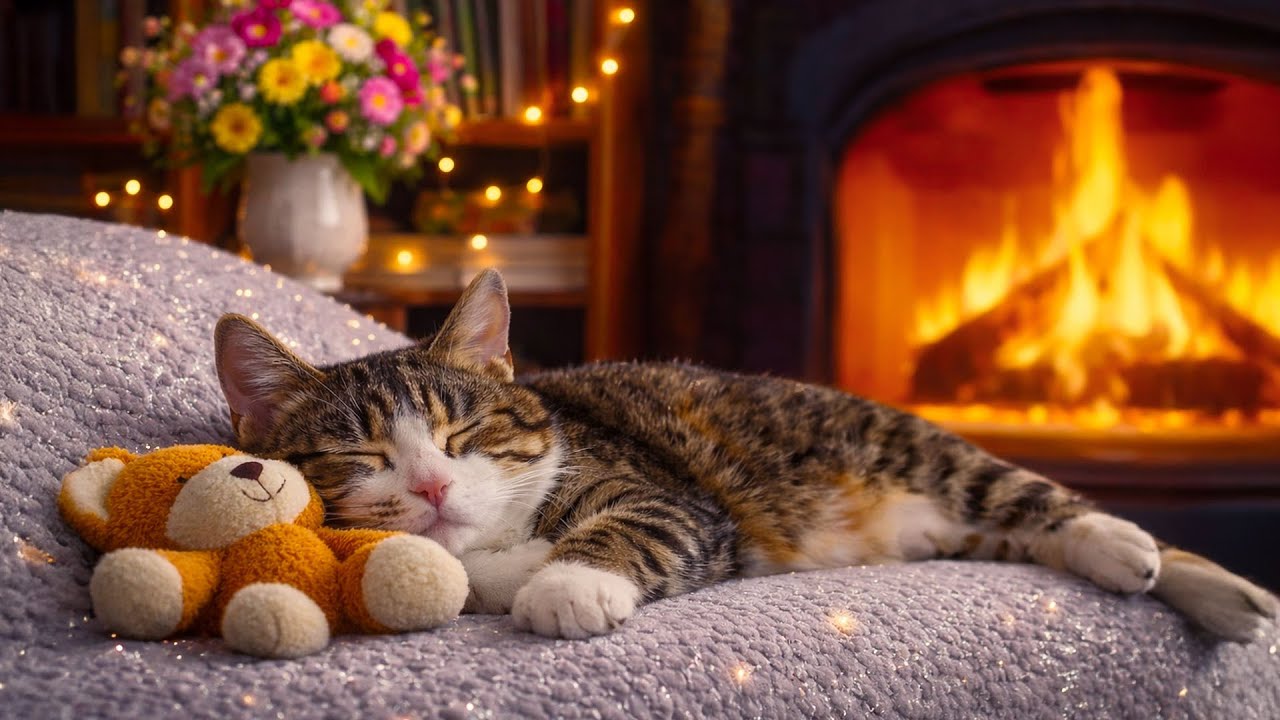 Music Sleep For Cat🔥Fireplace Ambience with Purring Cat for Healing, Relaxation, Deep Sleep