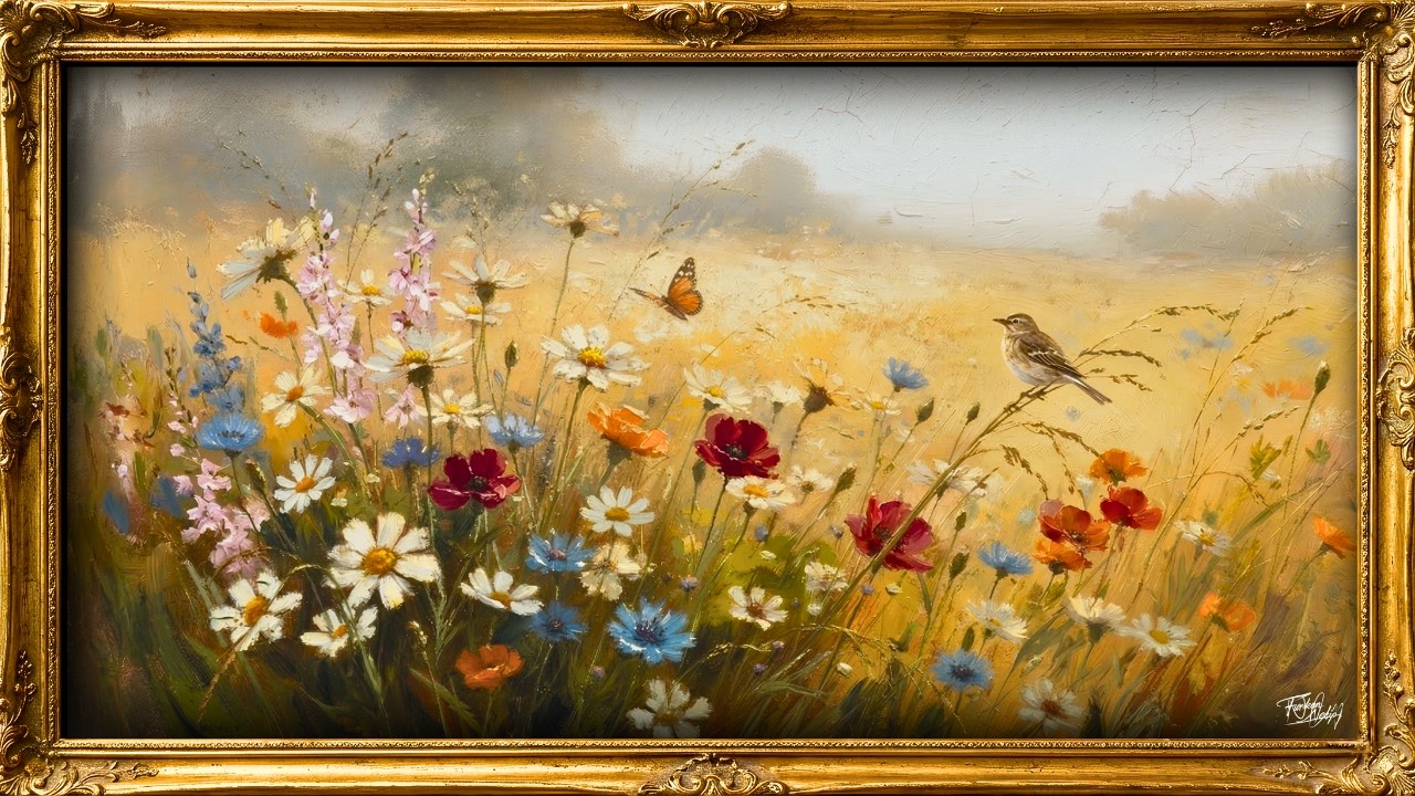 Frame TV Art 4K | Summer Wildflower Meadow with Butterfly & Bird | Warm Golden Field | 1Hr Loop