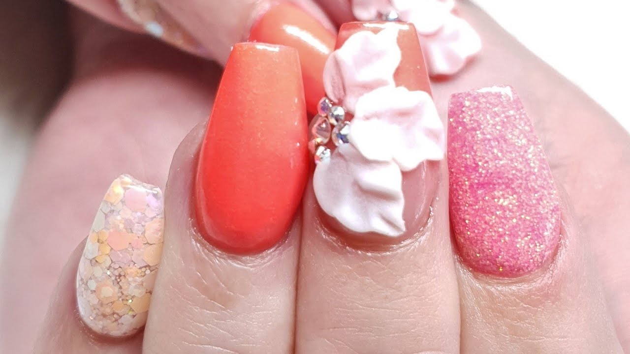 Peachy Keen Acrylic Nails with 3d Design