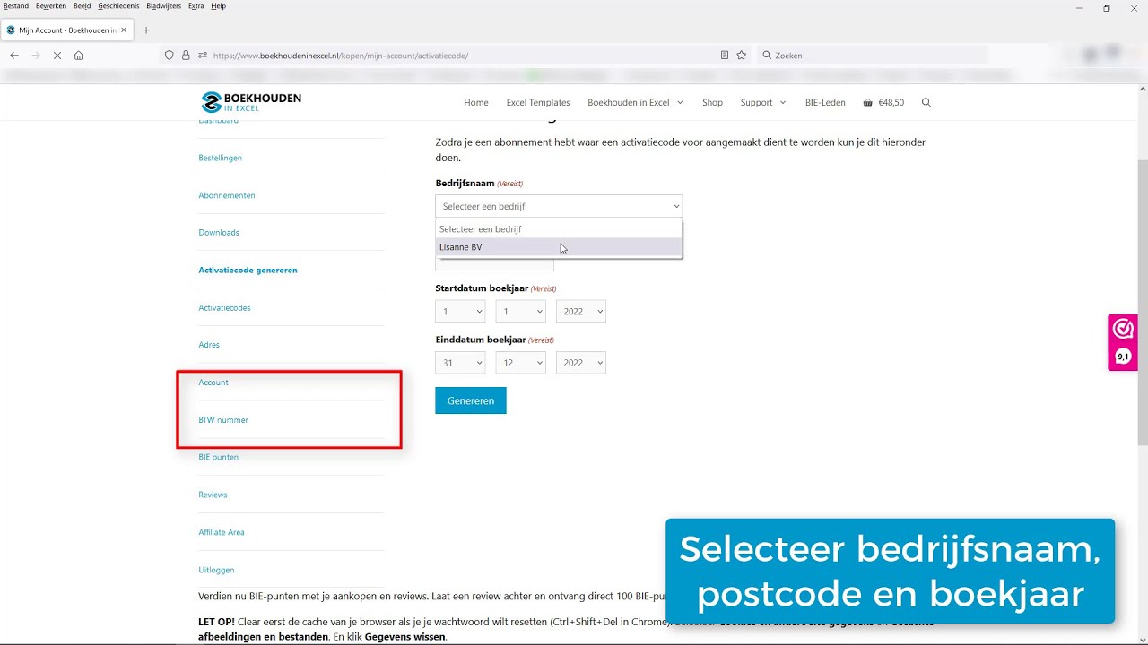 Boekhouden in Excel: bestel- en activatieproces