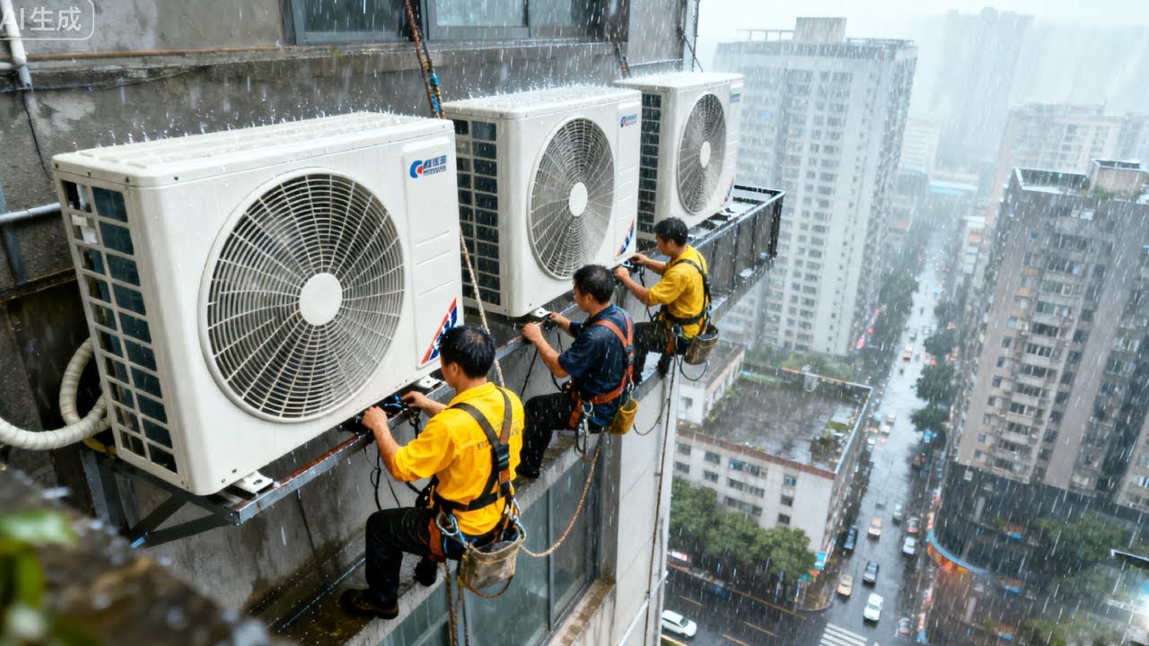 可怕啊，中国设计的空调安装有多奇葩，建築有預留管道間差太多了，人命更重要！【空中飞人亮锅】