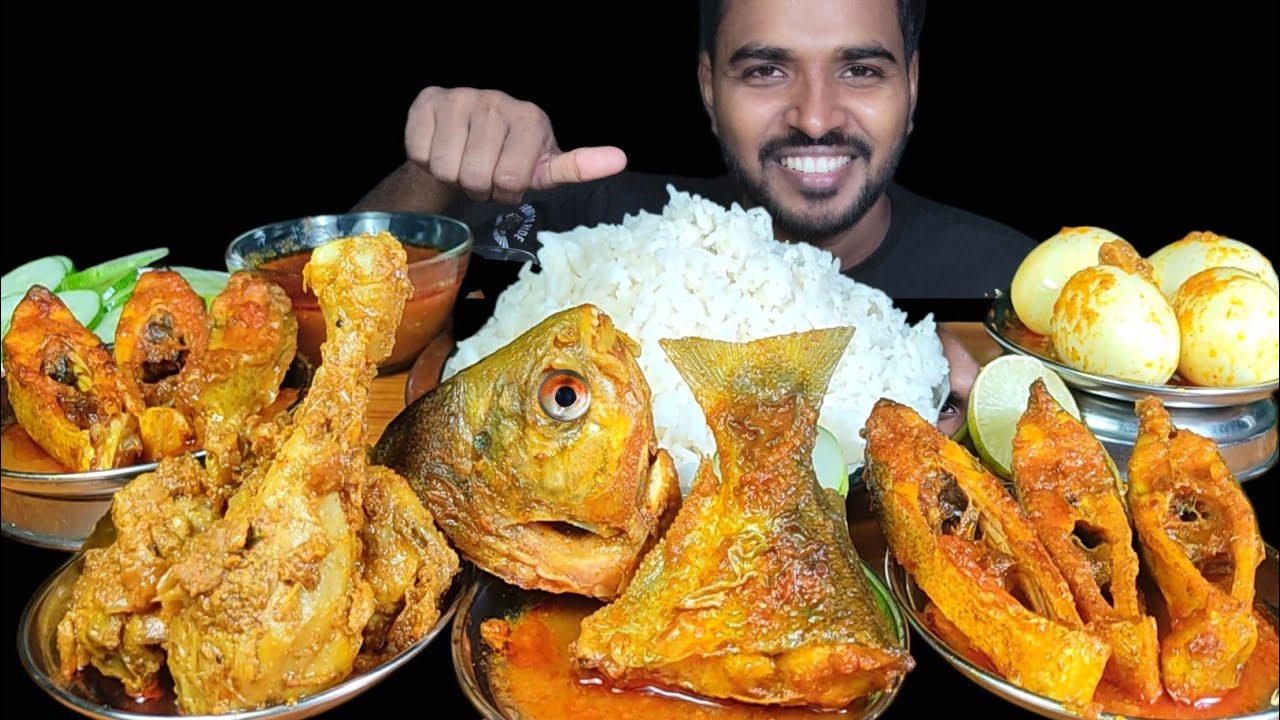 Eating Spicy Fish Curry with Rice | Egg Curry, Masala Chicken & Salad Mukbang