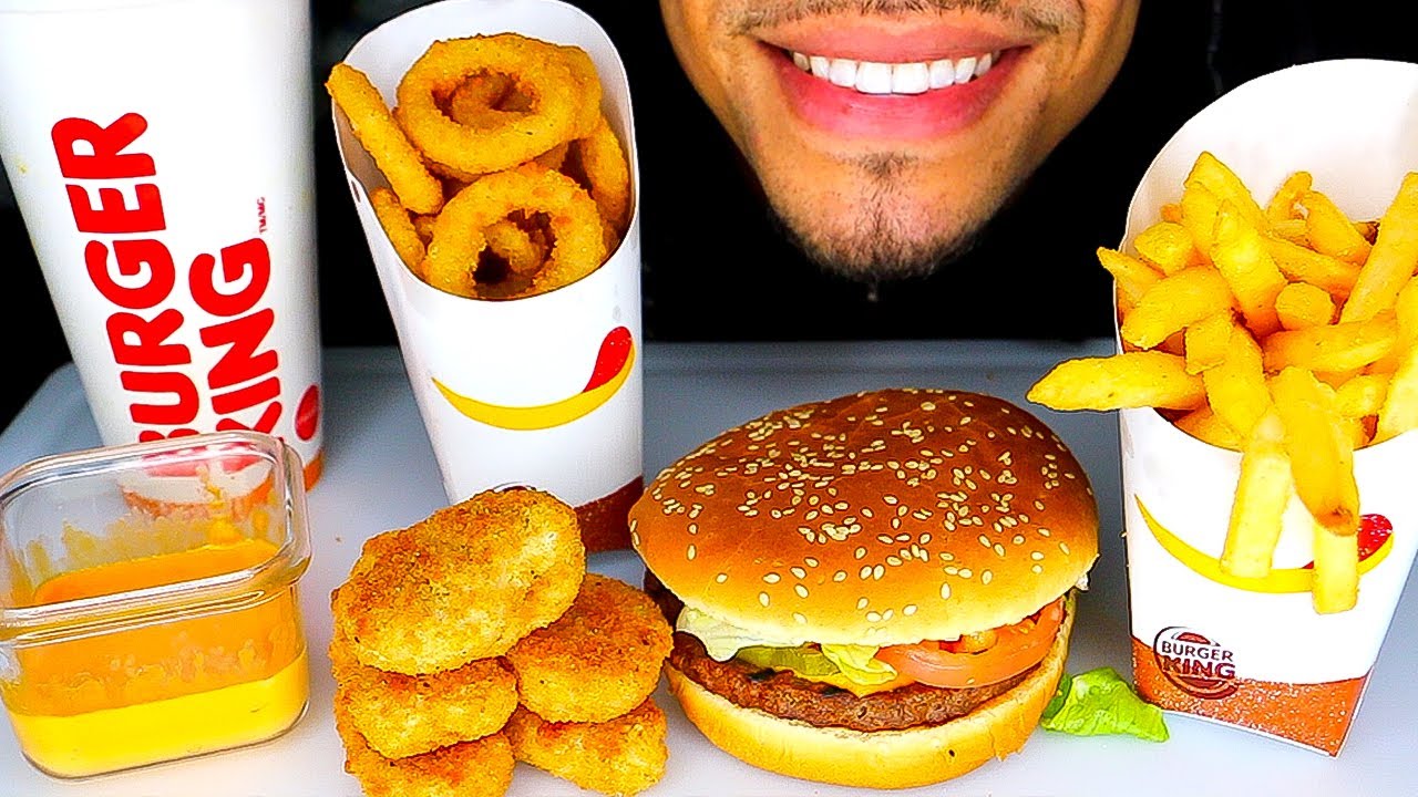 ASMR BURGER KING MUKBANG 먹방 CHICKEN NUGGETS CHEESE SAUCE ONION RINGS IMPOSSIBLE WHOPPER BIG BITES
