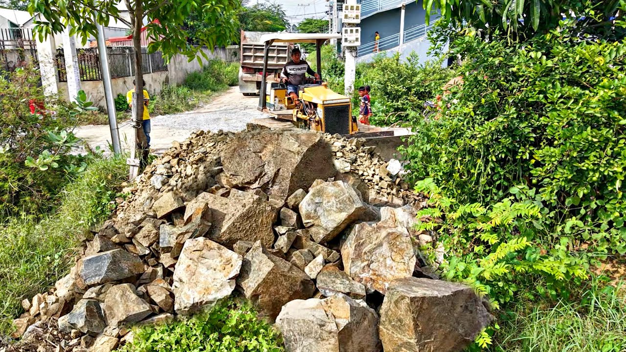 Fantastic New Project!! Filling Land By Bulldozer Push Stone with 5ton Trucks